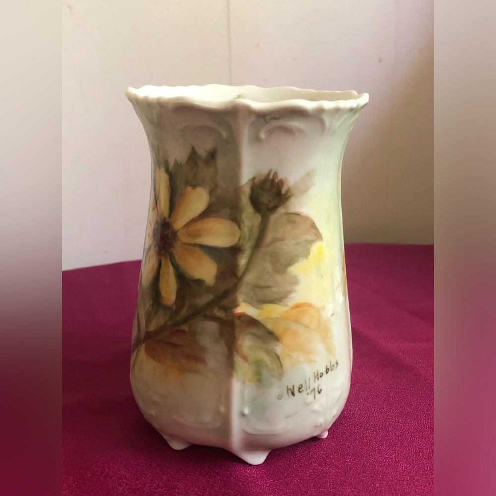 Floral Vase Hand Painted Porcelain Nell Hobbs 1976 Yellow Flowers,Granny Cottage
